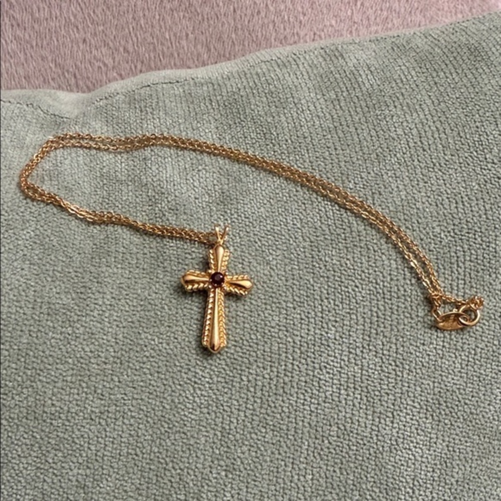 Avon Gold Cross Necklace with Garnet gemstone